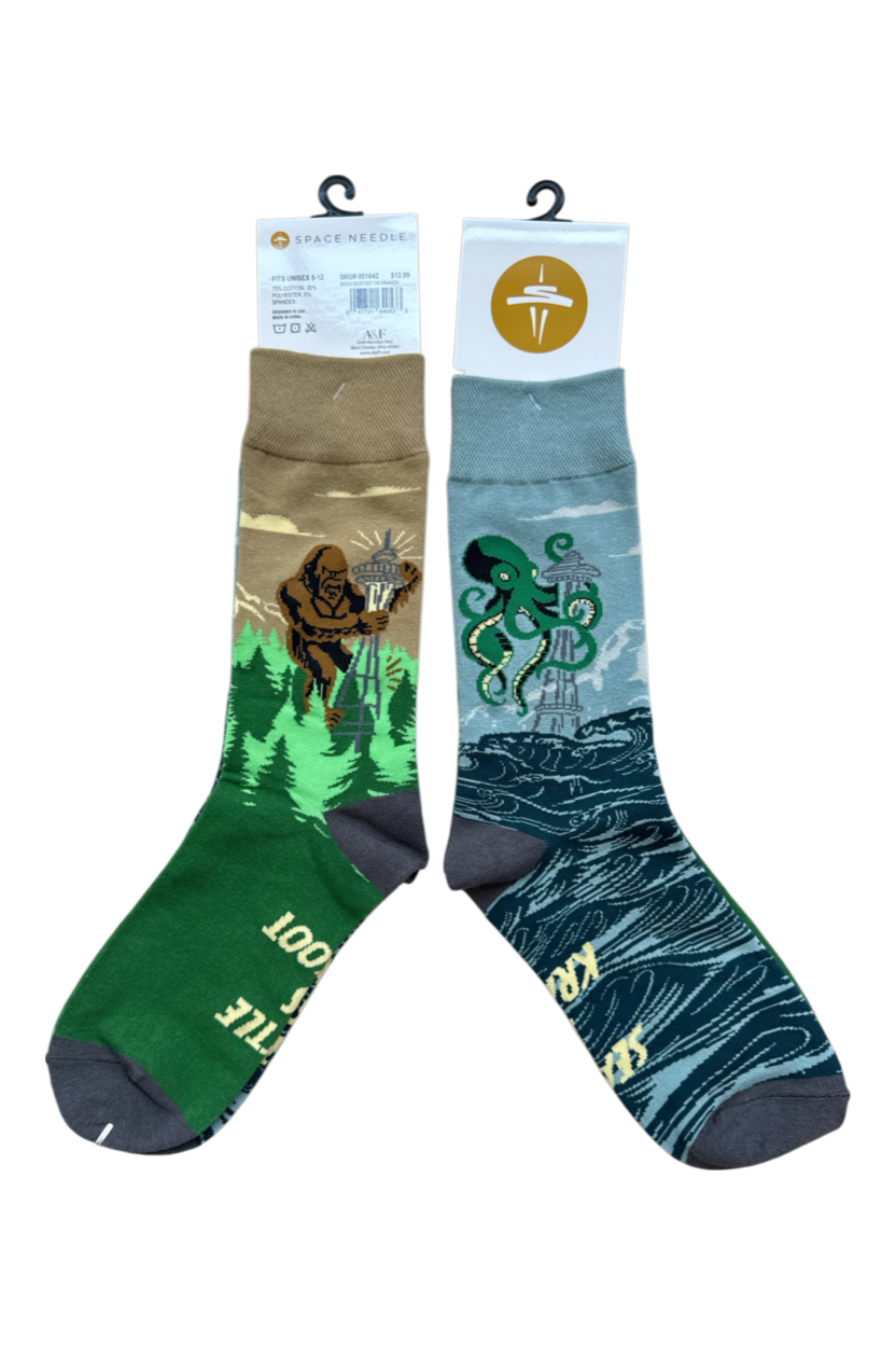 Seattle Space Needle Bigfoot VS Kraken Socks