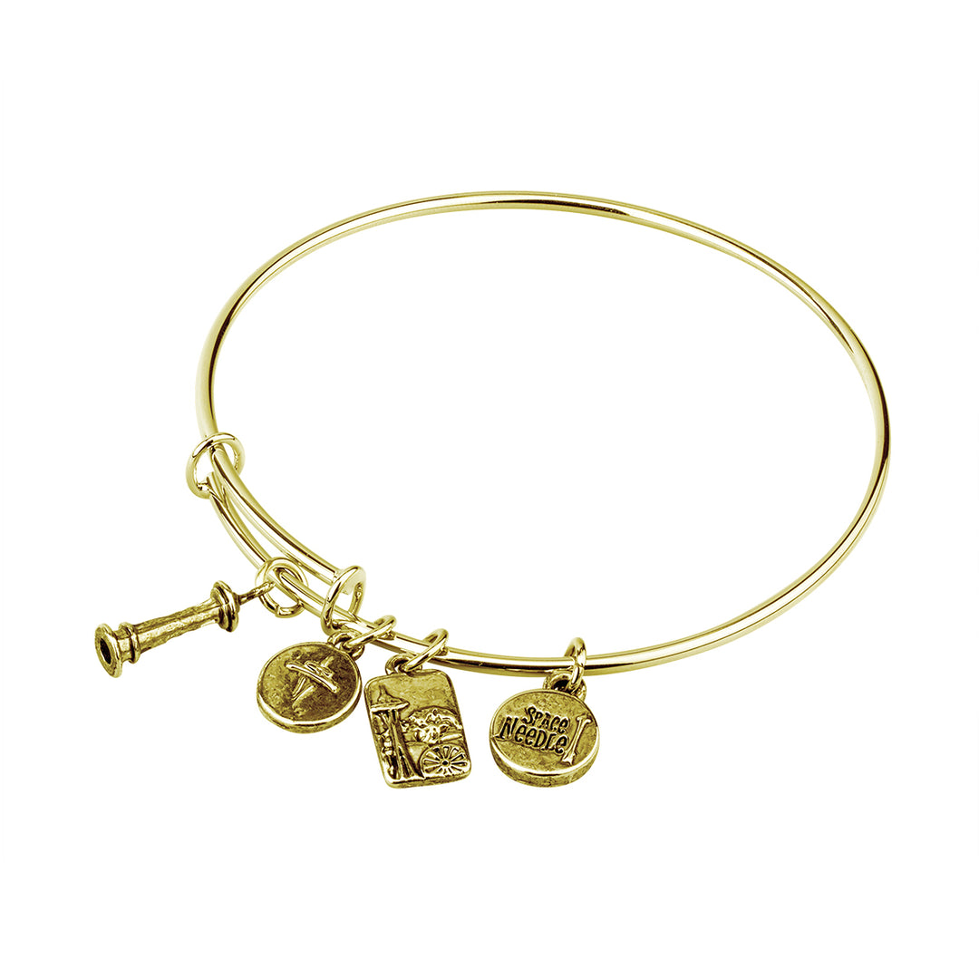 Gold Metal Bangle with Space Needle Charms